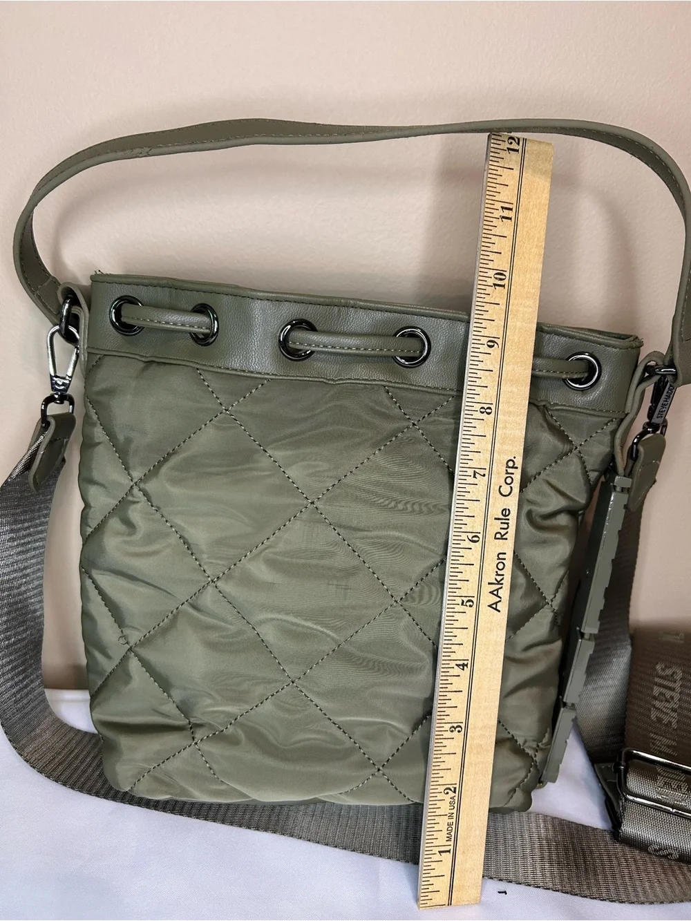 Steve Madden Olive Quilted Drawstring Bucket Crossbody Bag